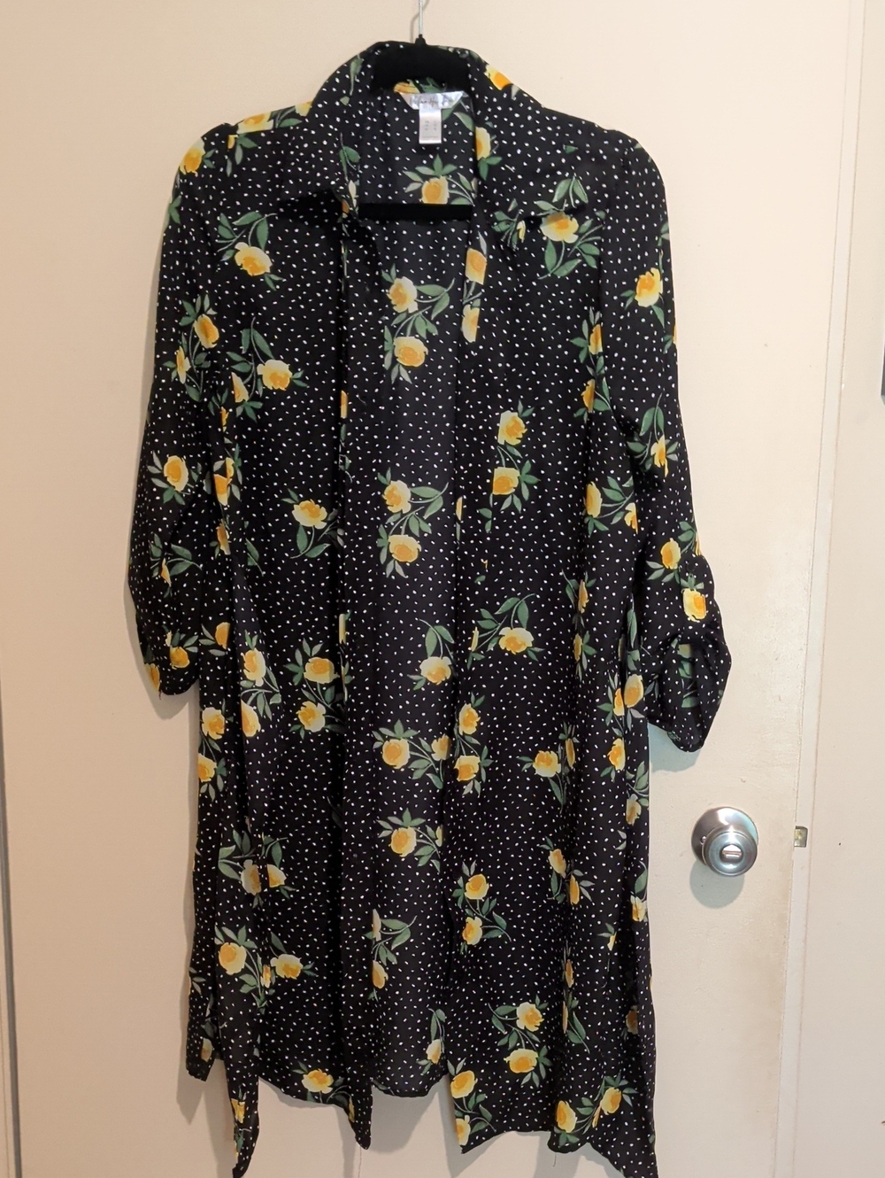 Urban Heritage Black Floral Open-Front Duster with Yellow Blossoms